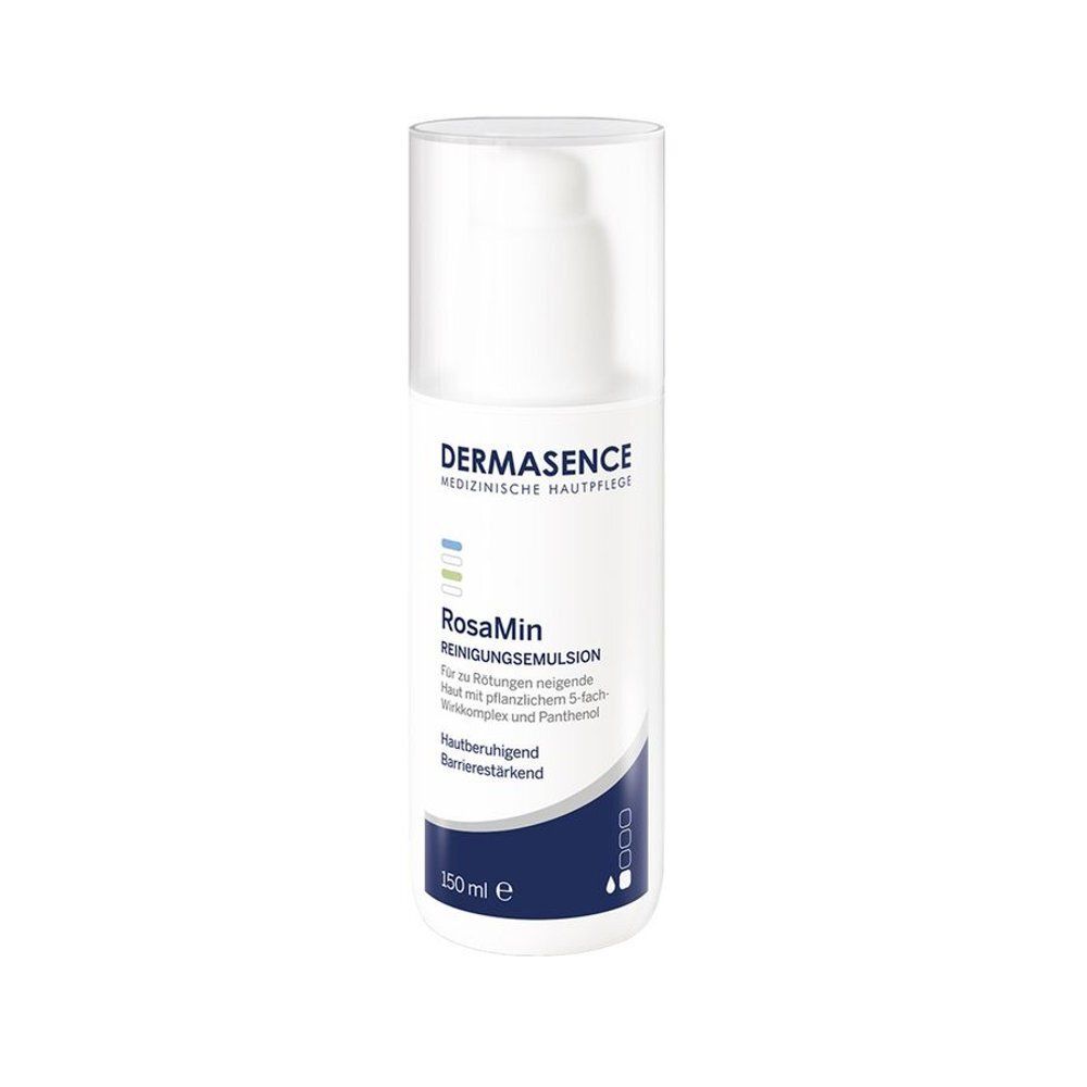 Flacon blanc avec étiquette. Texte: Dermasence, RosaMin, Émulsion Nettoyante. 150 ml.