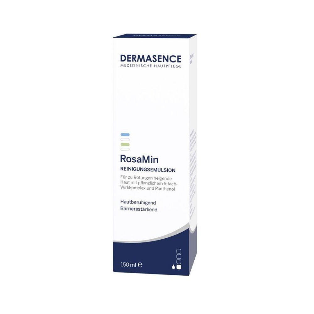 Emballage blanc avec étiquette. Texte: Dermasence, RosaMin, Émulsion Nettoyante. 150 ml.