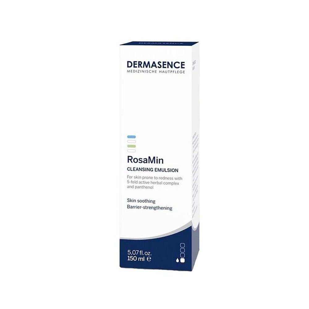 Emballage blanc avec étiquette. Texte: Dermasence, RosaMin, Cleansing Emulsion. 150 ml.