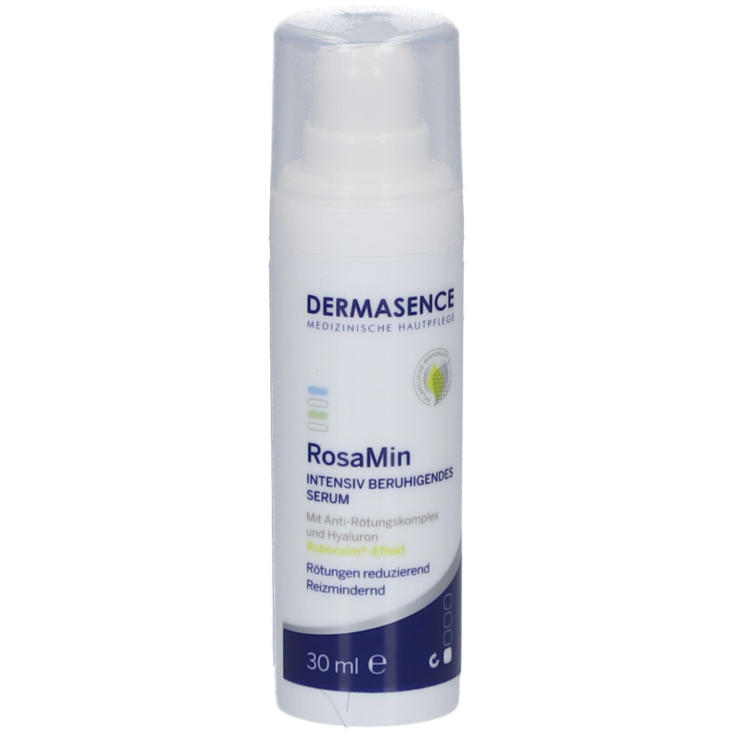 Wit serum met pomp en dop. Opschrift: Dermasence RosaMin, 30 ml.