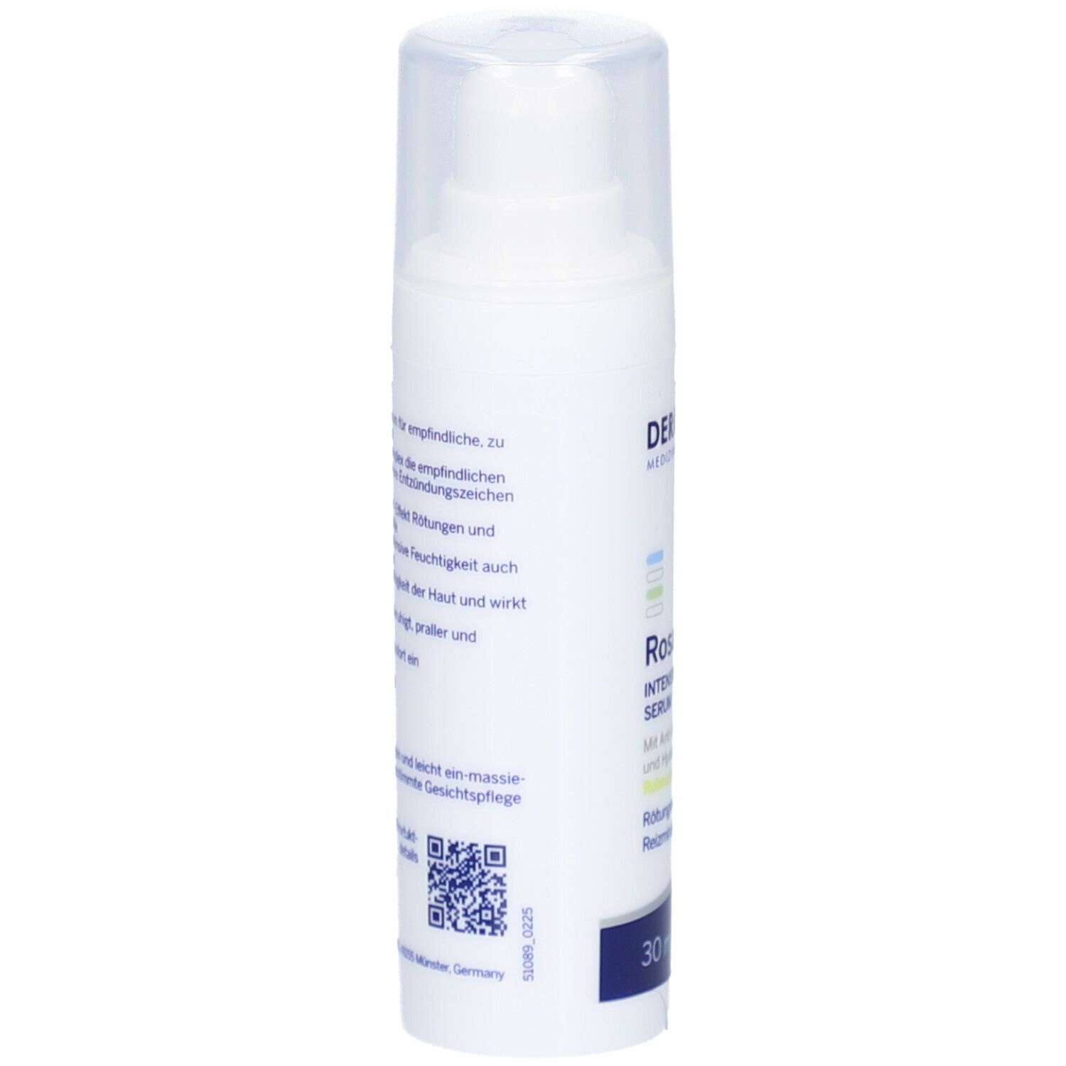Wit serum met pomp en dop. Opschrift: Dermasence RosaMin, 30 ml.