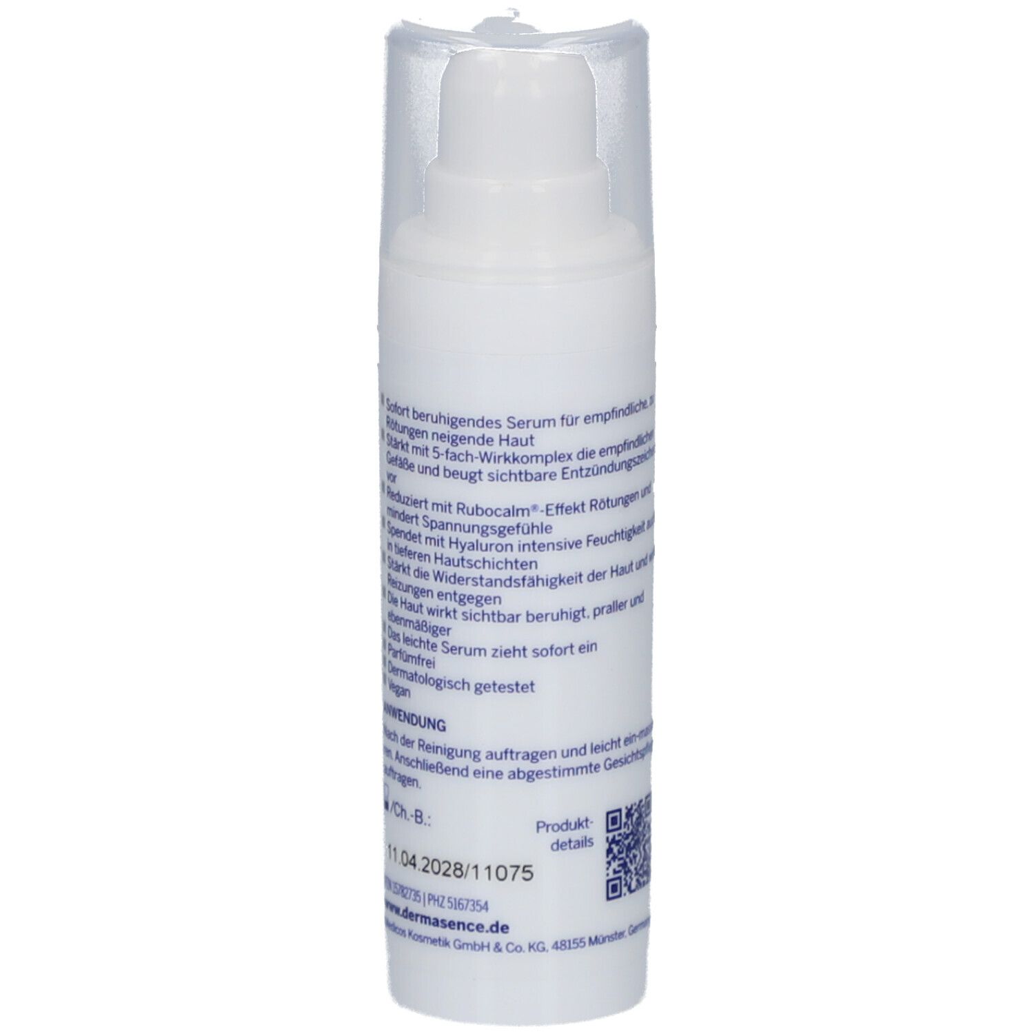 Wit serum met pomp en dop. Opschrift: Dermasence RosaMin, 30 ml.