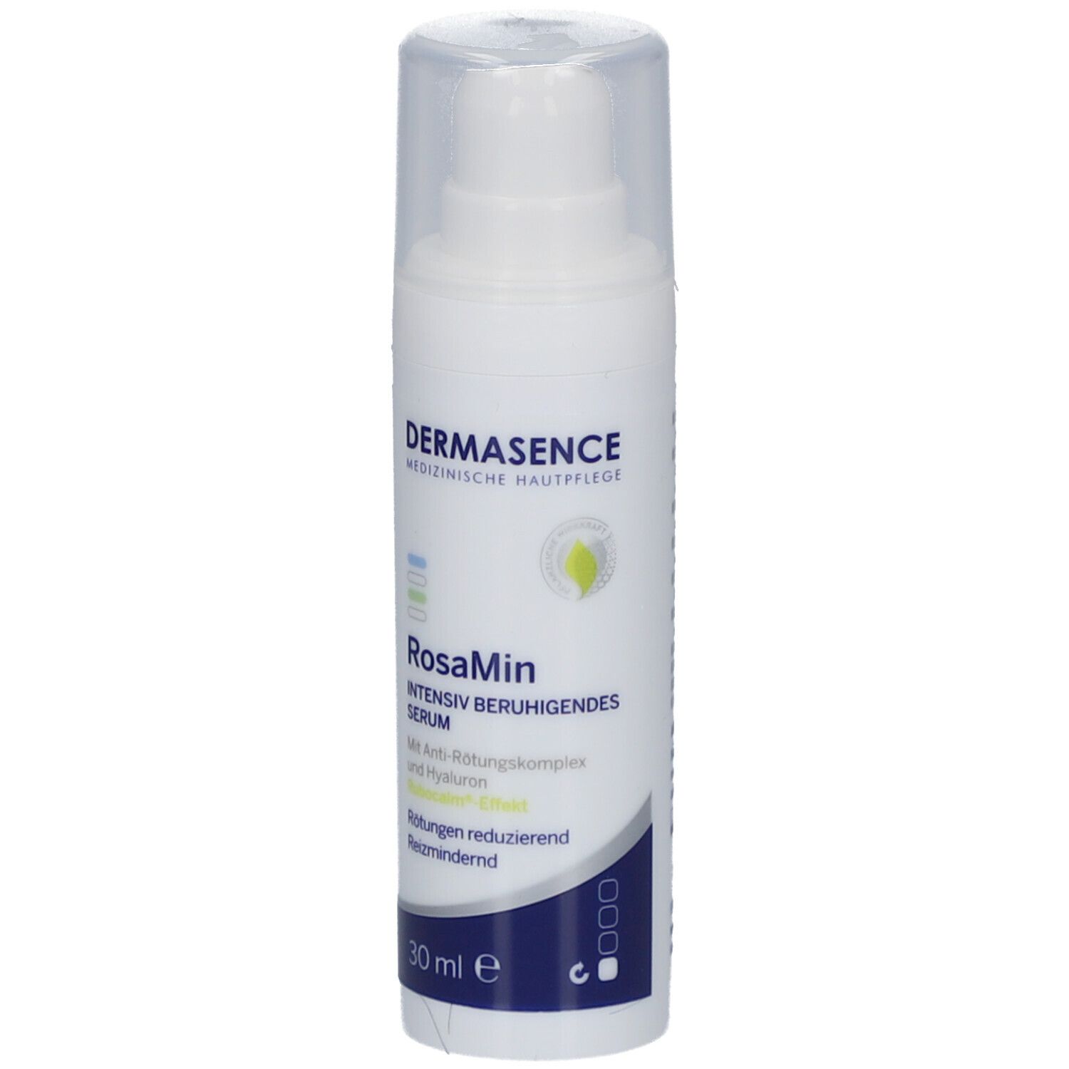 Wit serum met pomp en dop. Opschrift: Dermasence RosaMin, 30 ml.