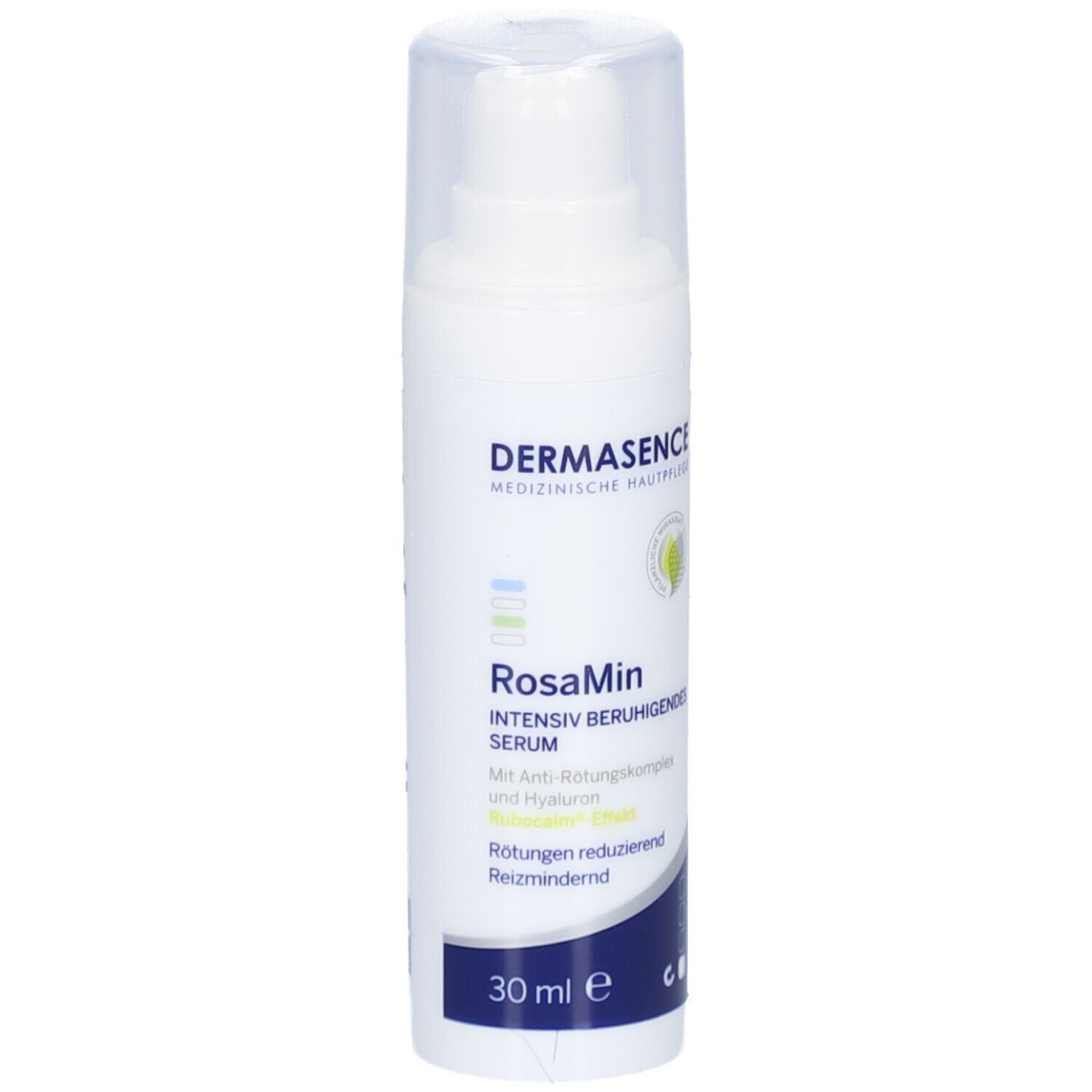 Wit serum met pomp en dop. Opschrift: Dermasence RosaMin, 30 ml.