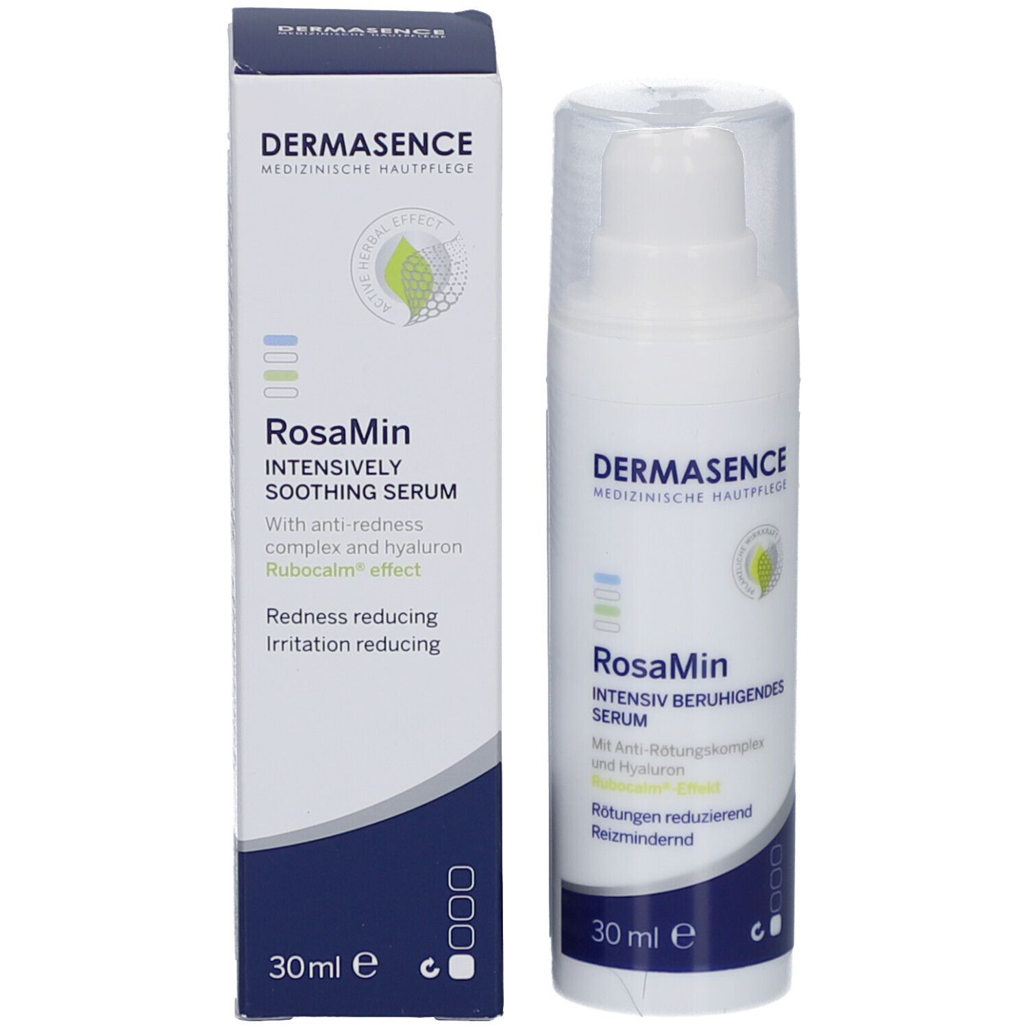 Product en verpakking naast elkaar. Opschrift: Dermasence RosaMin, 30 ml.