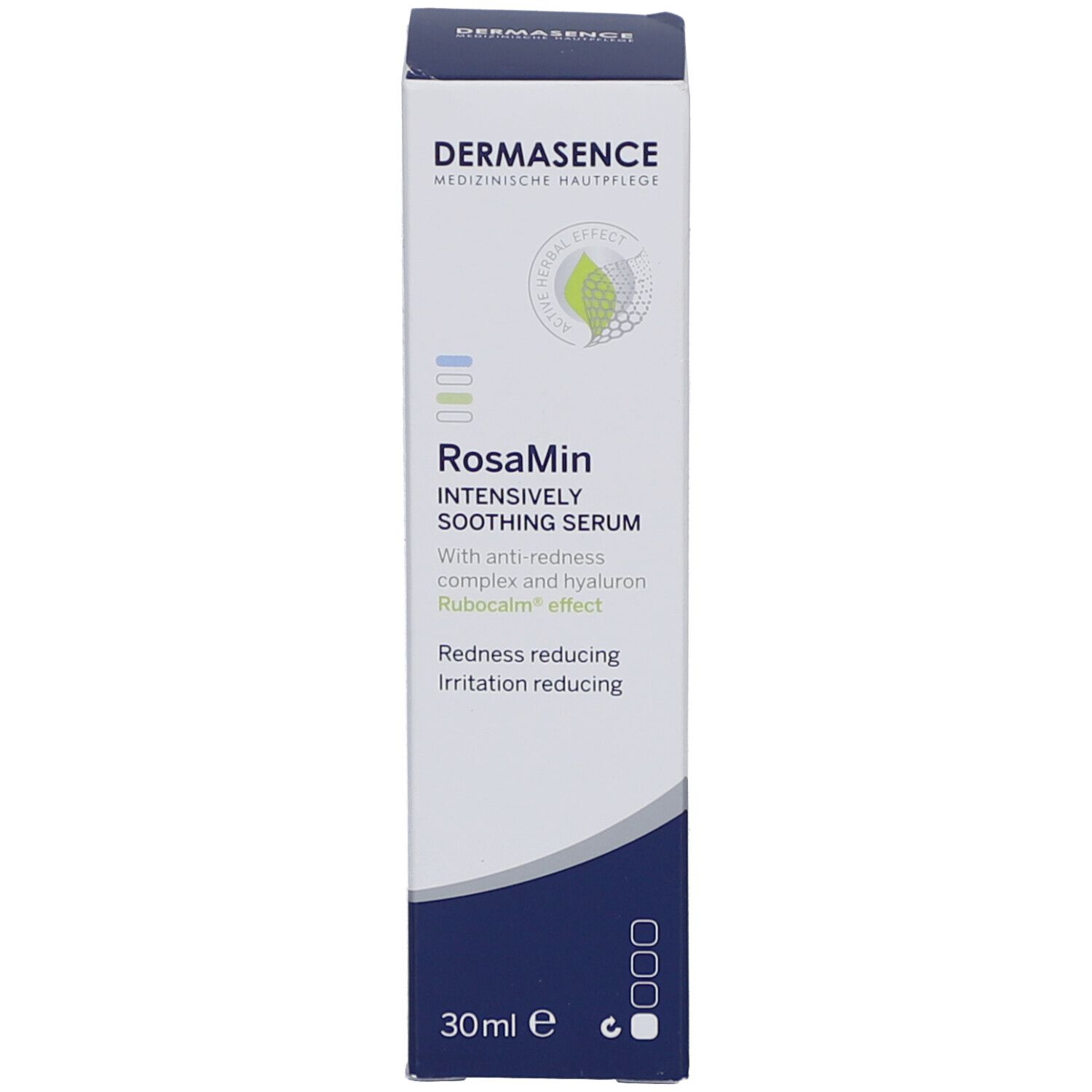 Verpakking met productinformatie. Opschrift: Dermasence RosaMin, 30 ml.