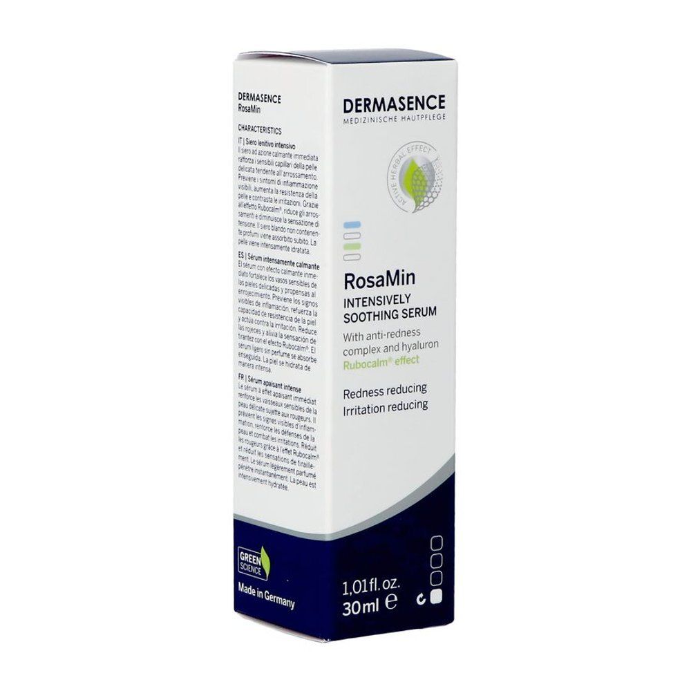 Witte verpakking met productinformatie. Opschrift: Dermasence RosaMin, 30 ml.
