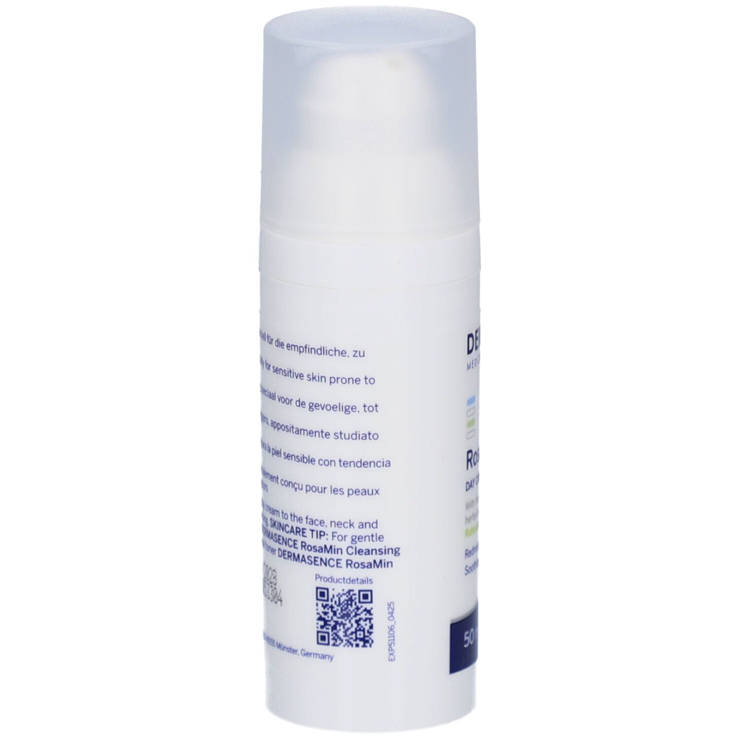 Flacon blanc avec pompe doseuse. RosaMin Crème de jour SPF50. Marque Dermasence.