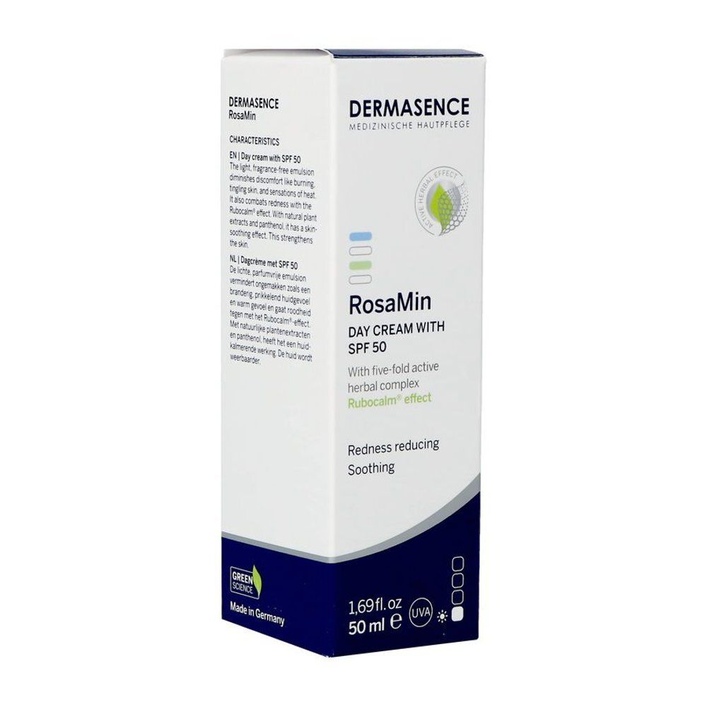 Emballage du produit. Texte en français. RosaMin Crème de jour SPF50. Dermasence.