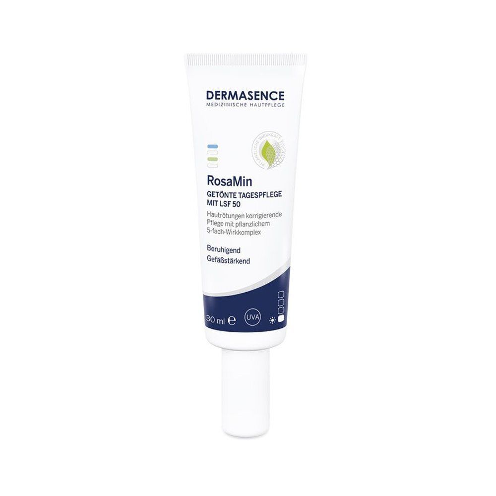 Tube Dermasence RosaMin, getinte dagcrème SPF50. Wit, met blauwe en groene accenten. Productnaam en tekst zichtbaar.