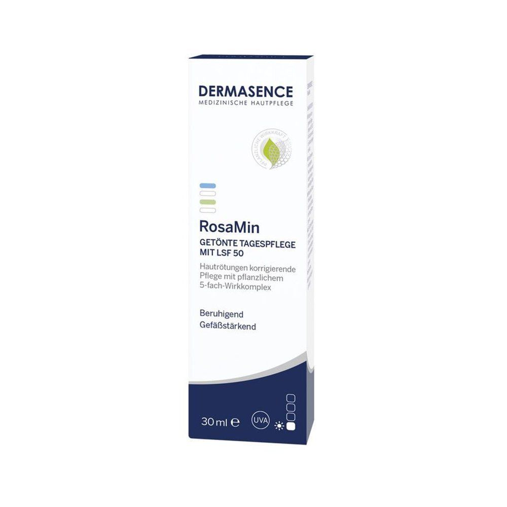 Dermasence RosaMin, getinte dagcrème SPF50. Verpakking, wit met blauwe en groene elementen. Productnaam en tekst zichtbaar.