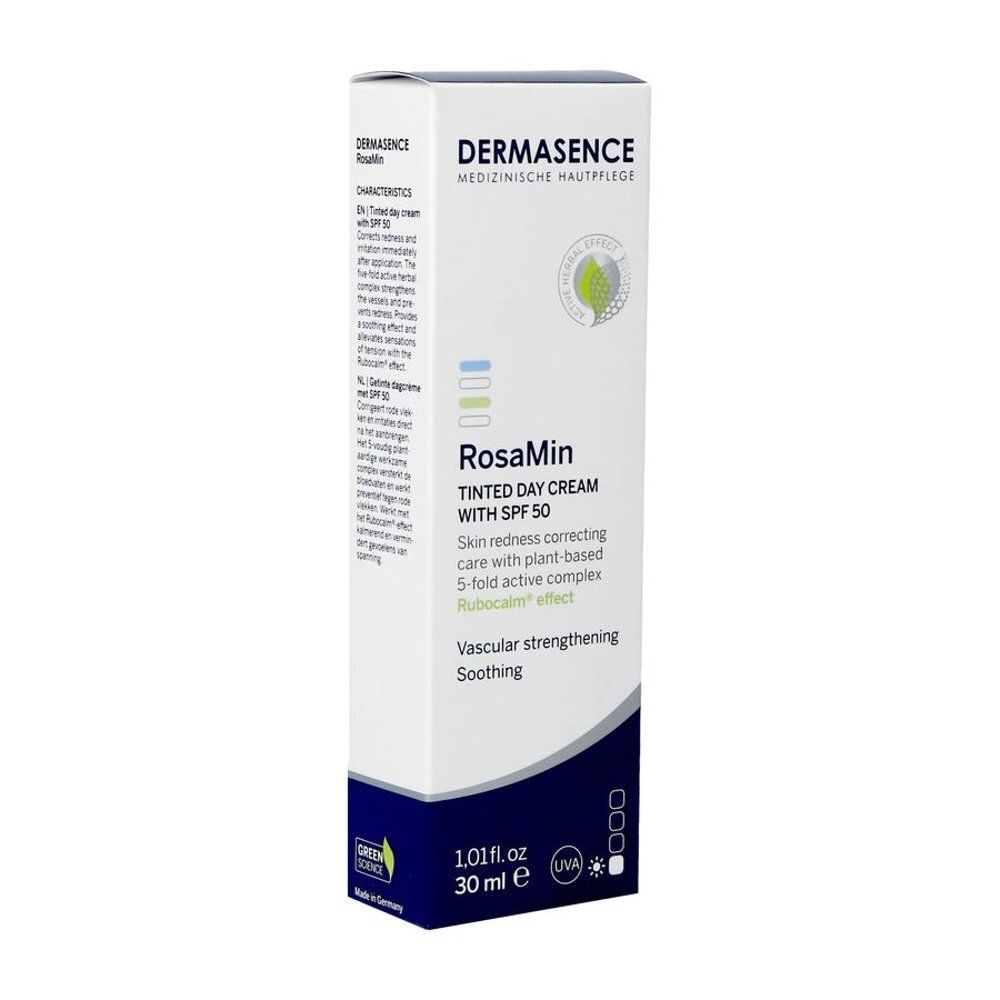 Dermasence RosaMin, getinte dagcrème SPF50. Doos, wit met blauwe en groene elementen. Productnaam en tekst zichtbaar.