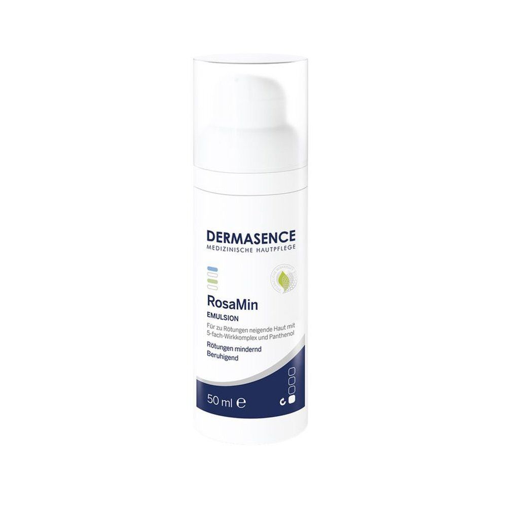 Witte fles met pomp. RosaMin Emulsion. 50 ml. Dermasence logo.