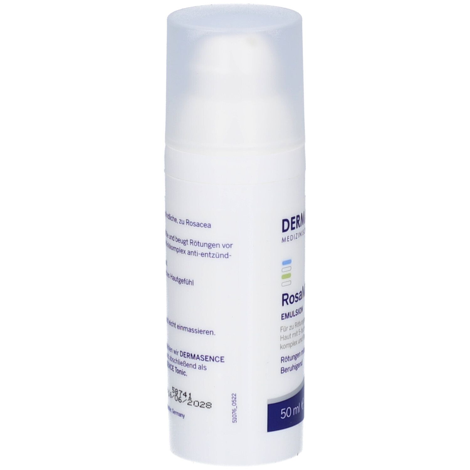 Witte fles met pomp. RosaMin Emulsion. 50 ml. Dermasence logo.