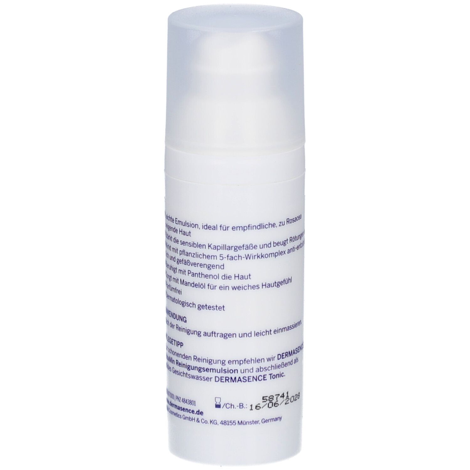 Witte fles met pomp. RosaMin Emulsion. 50 ml. Dermasence logo.