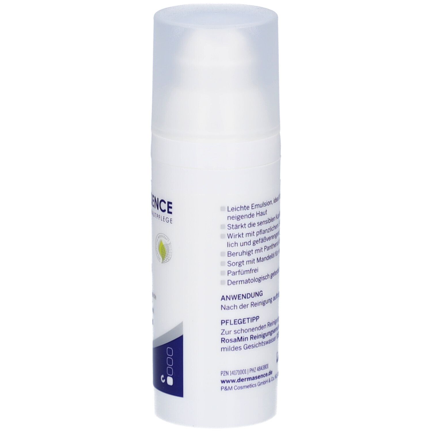 Witte fles met pomp. RosaMin Emulsion. 50 ml. Dermasence logo.