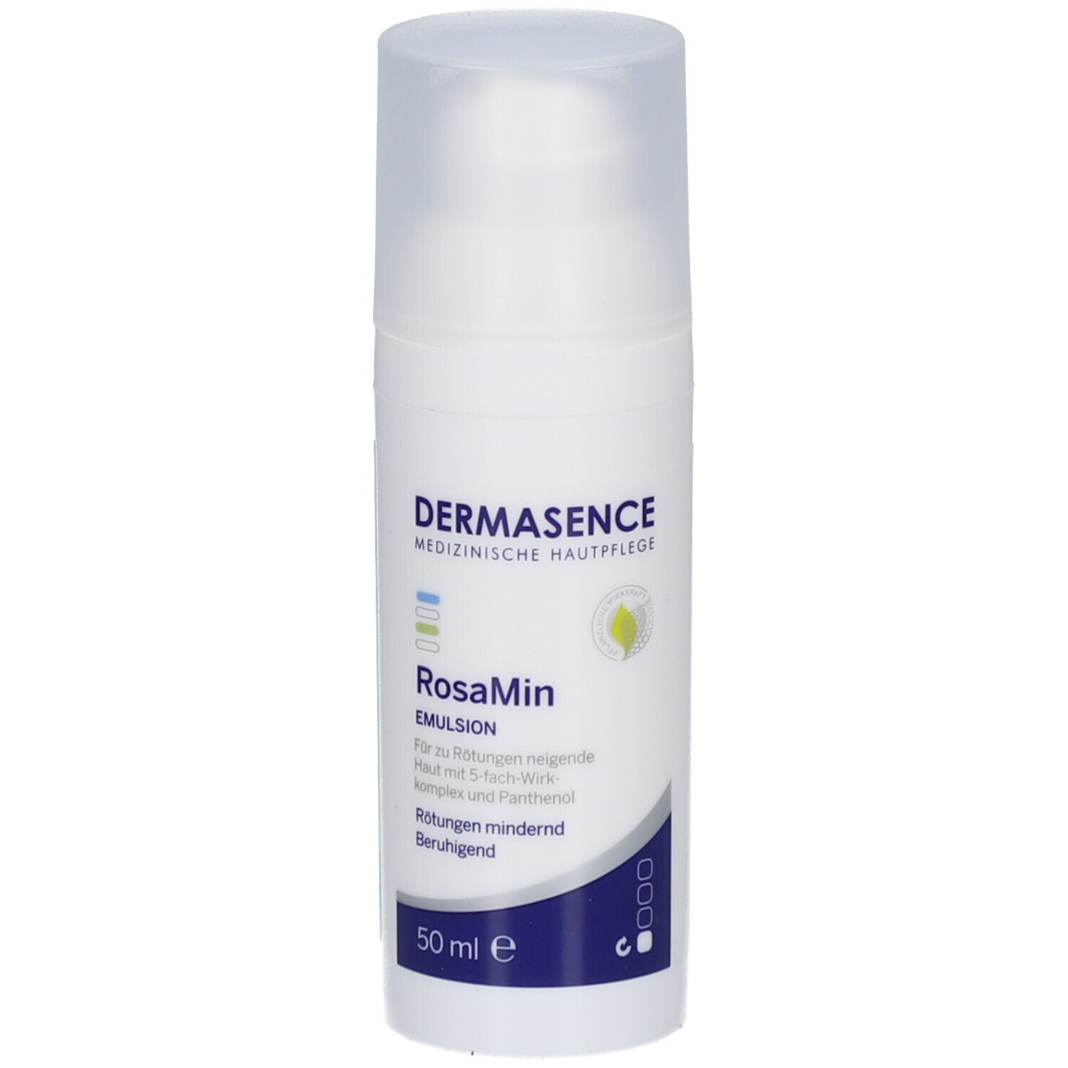 Witte fles met pomp. RosaMin Emulsion. 50 ml. Dermasence logo.