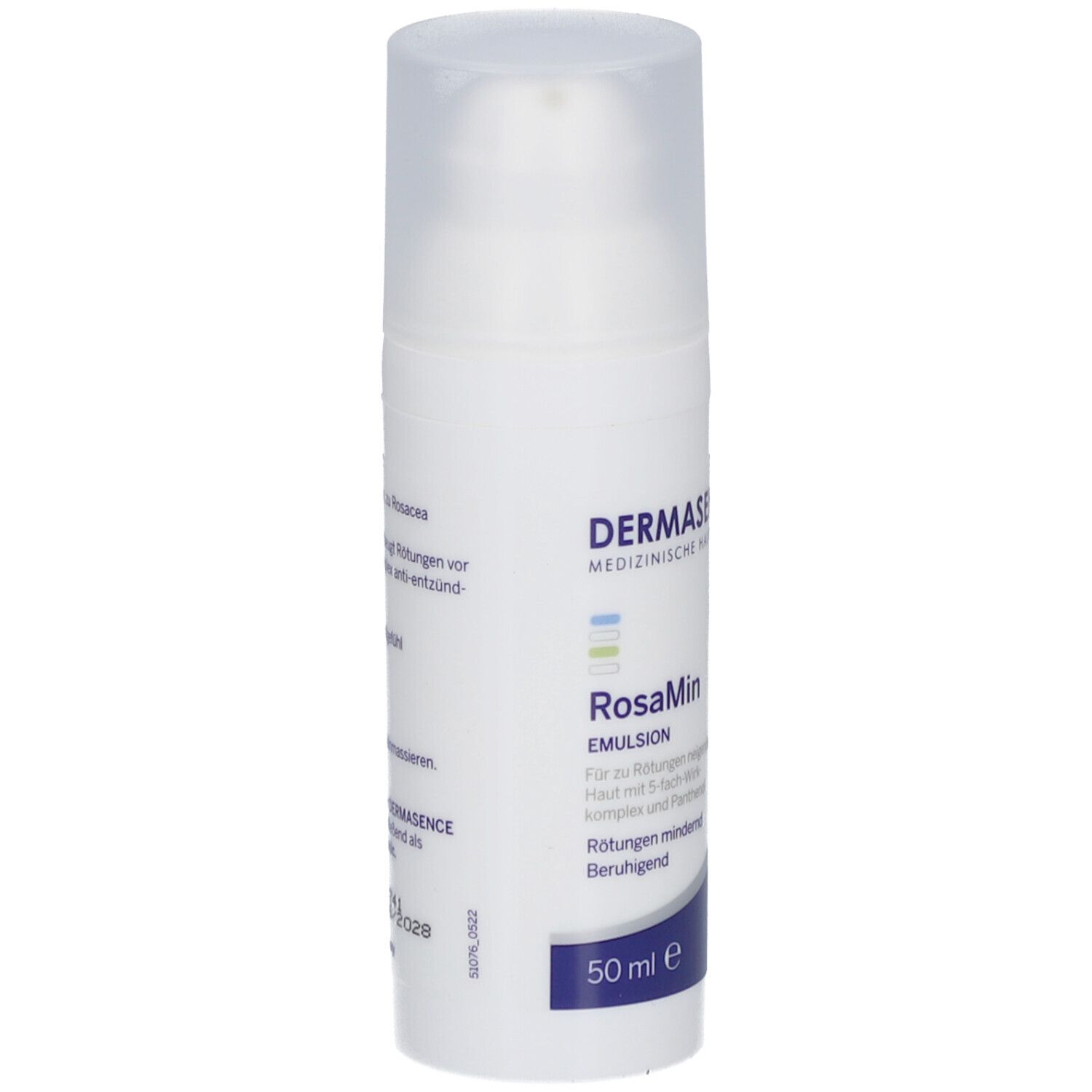 Witte fles met pomp. RosaMin Emulsion. 50 ml. Dermasence logo.