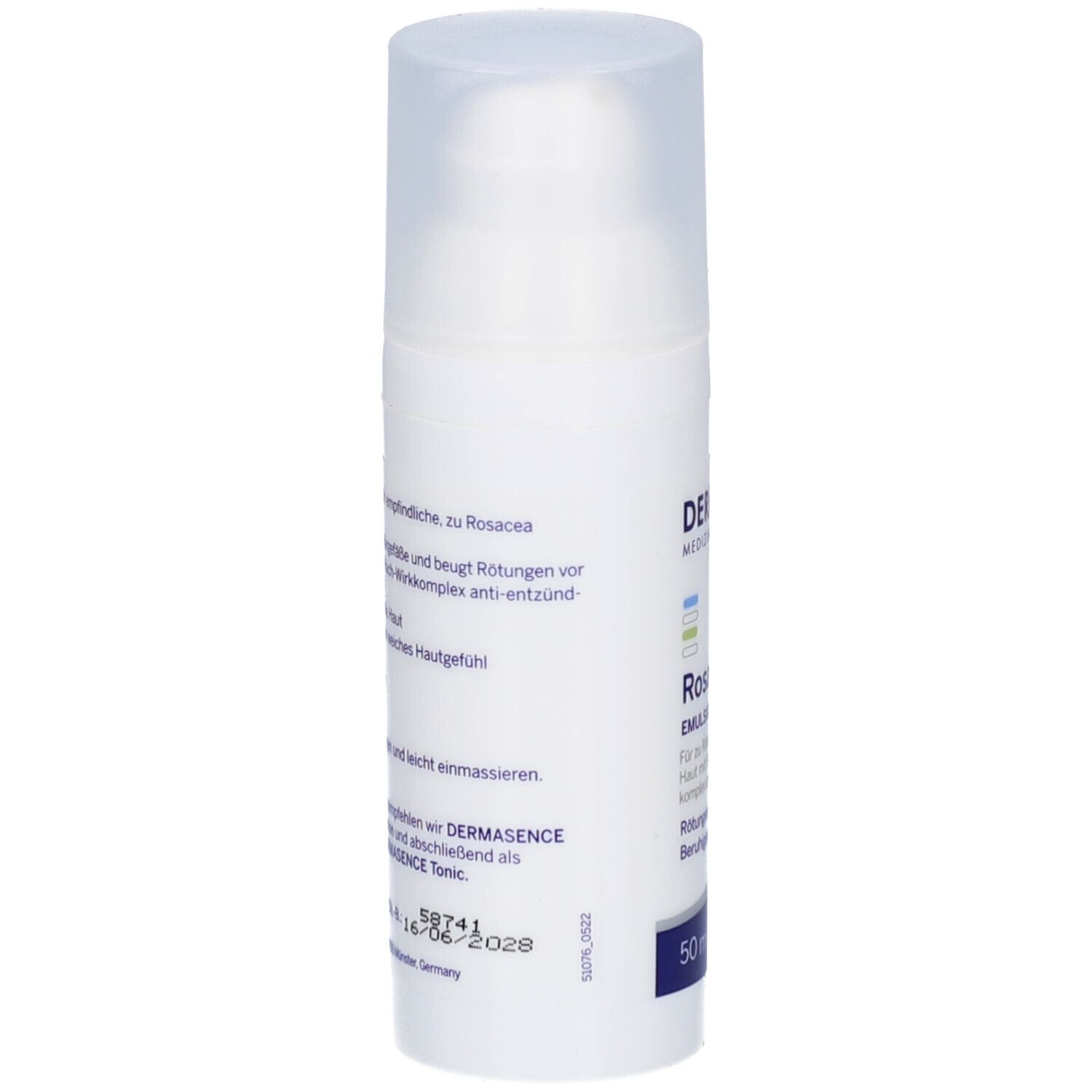 Witte fles met pomp. RosaMin Emulsion. 50 ml. Dermasence logo.