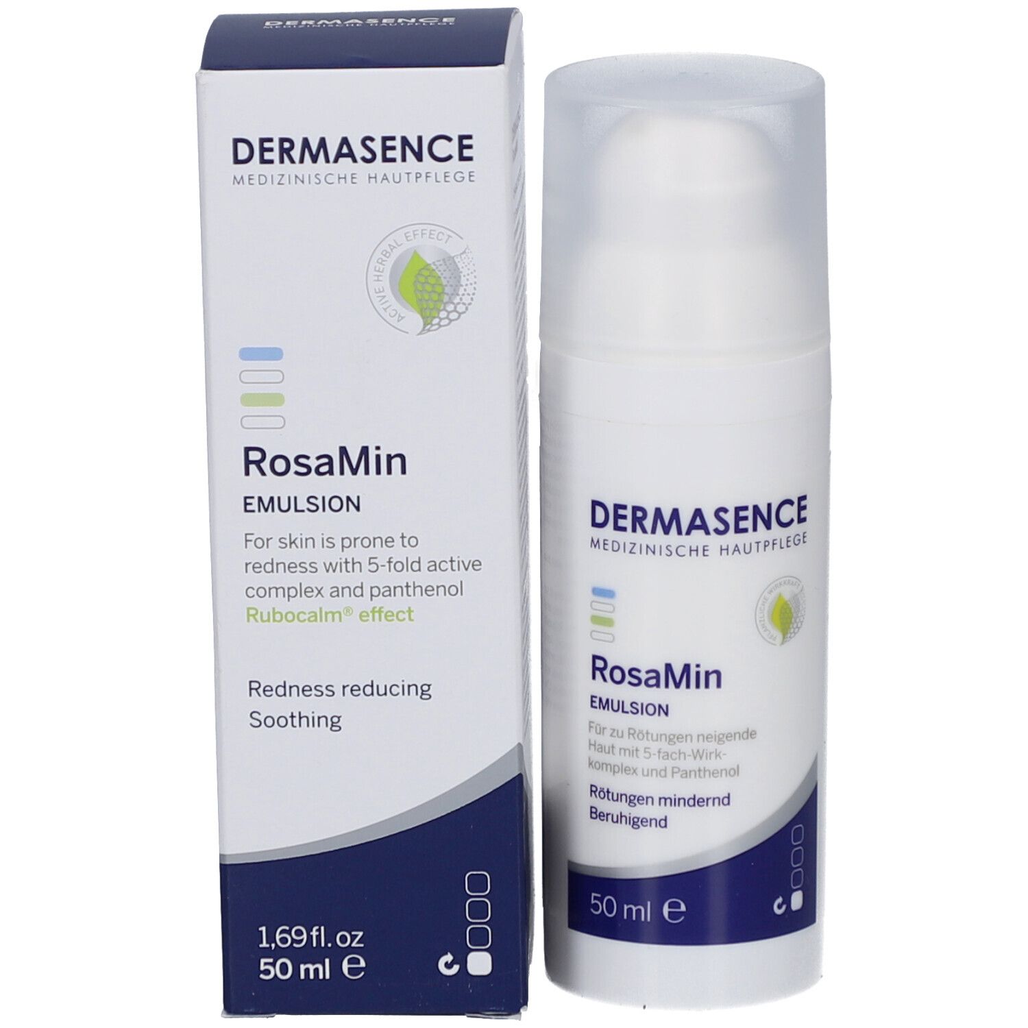 Doos en fles. RosaMin Emulsion. 50 ml. Dermasence logo.