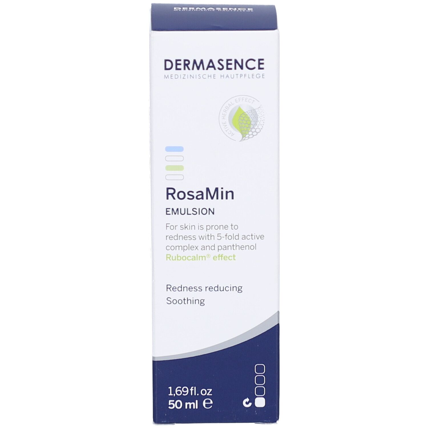 Doos. RosaMin Emulsion. 50 ml. Dermasence logo. Blauwe en witte kleuren.