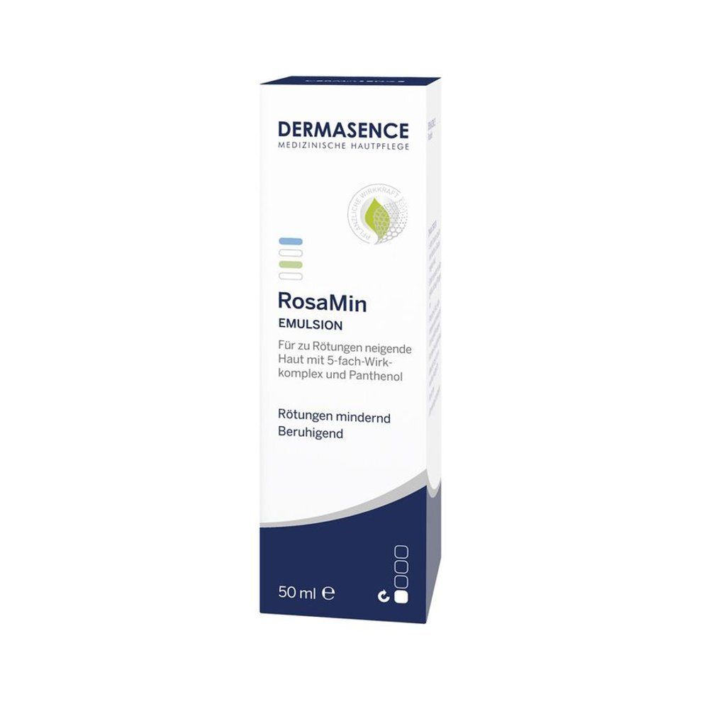 Doos. RosaMin Emulsion. 50 ml. Dermasence logo. Blauwe en witte kleuren.