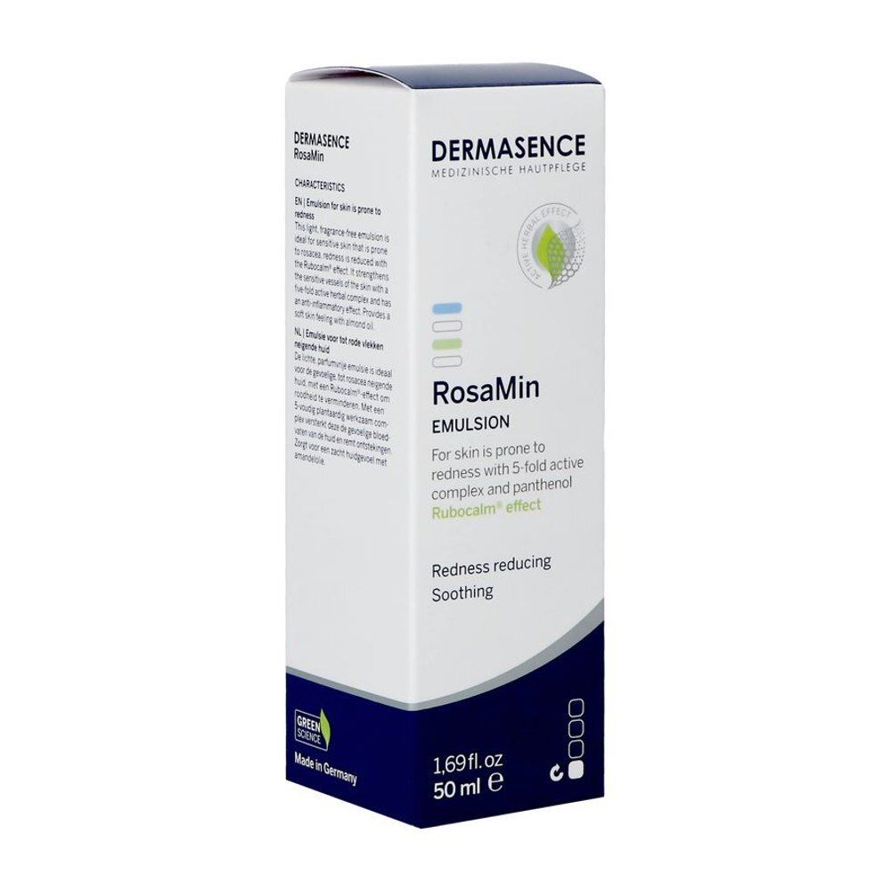 Doos. RosaMin Emulsion. 50 ml. Dermasence logo. Blauwe en witte kleuren.
