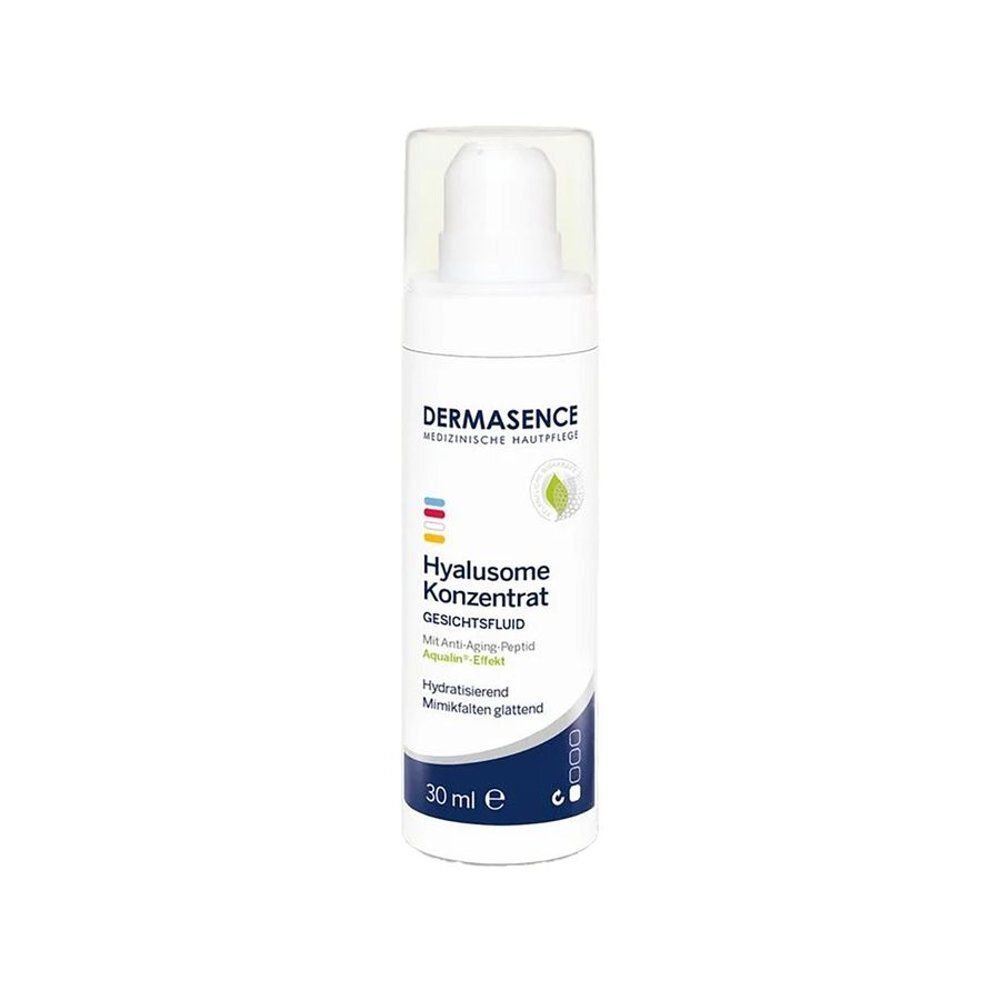 Witte dispenser met Dermasence Hyalusome Concentré. Opschrift: Hyalusome Concentré, 30 ml.