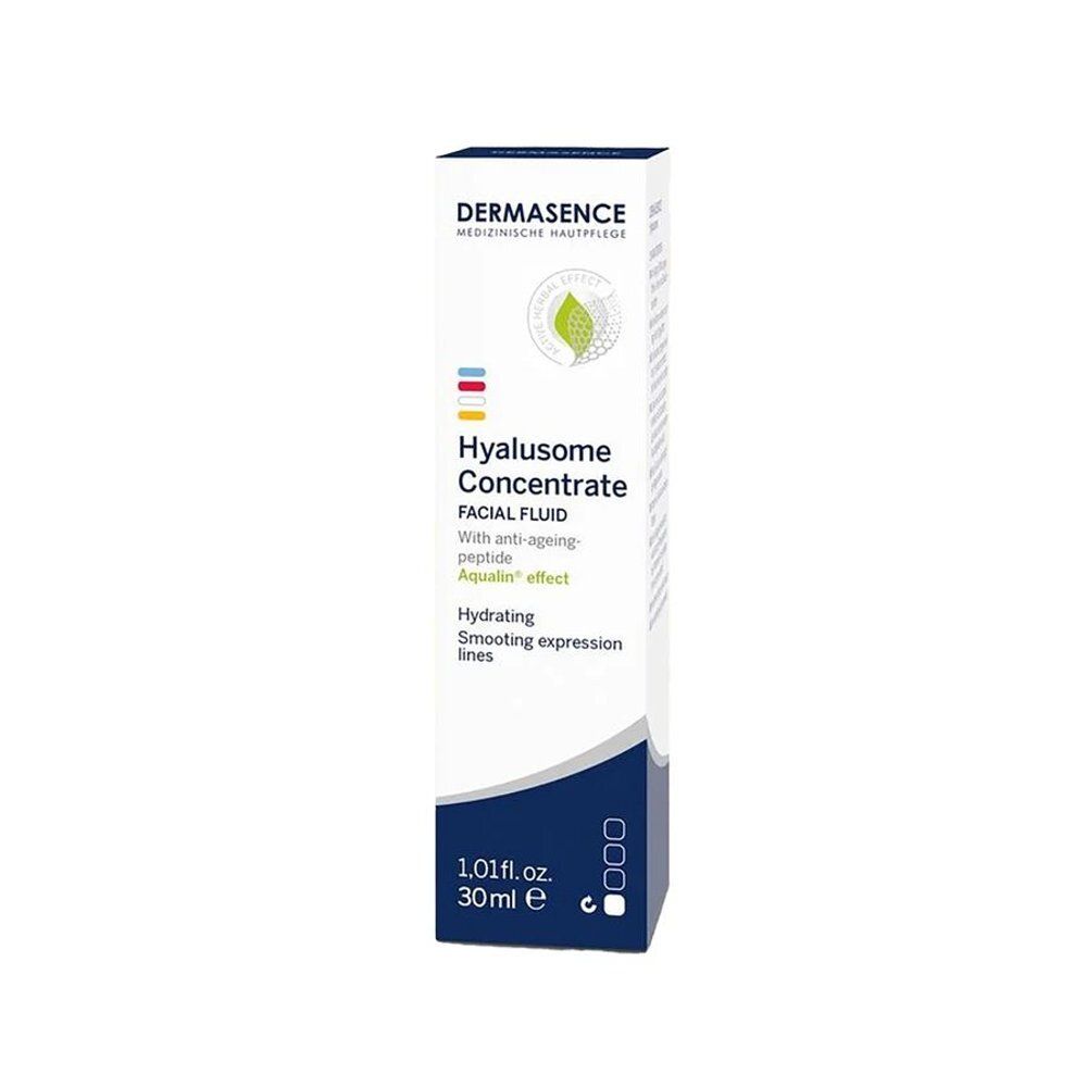Doosje met Dermasence Hyalusome Concentré. Opschrift: Hyalusome Concentrat, Facial Fluid, 30 ml.
