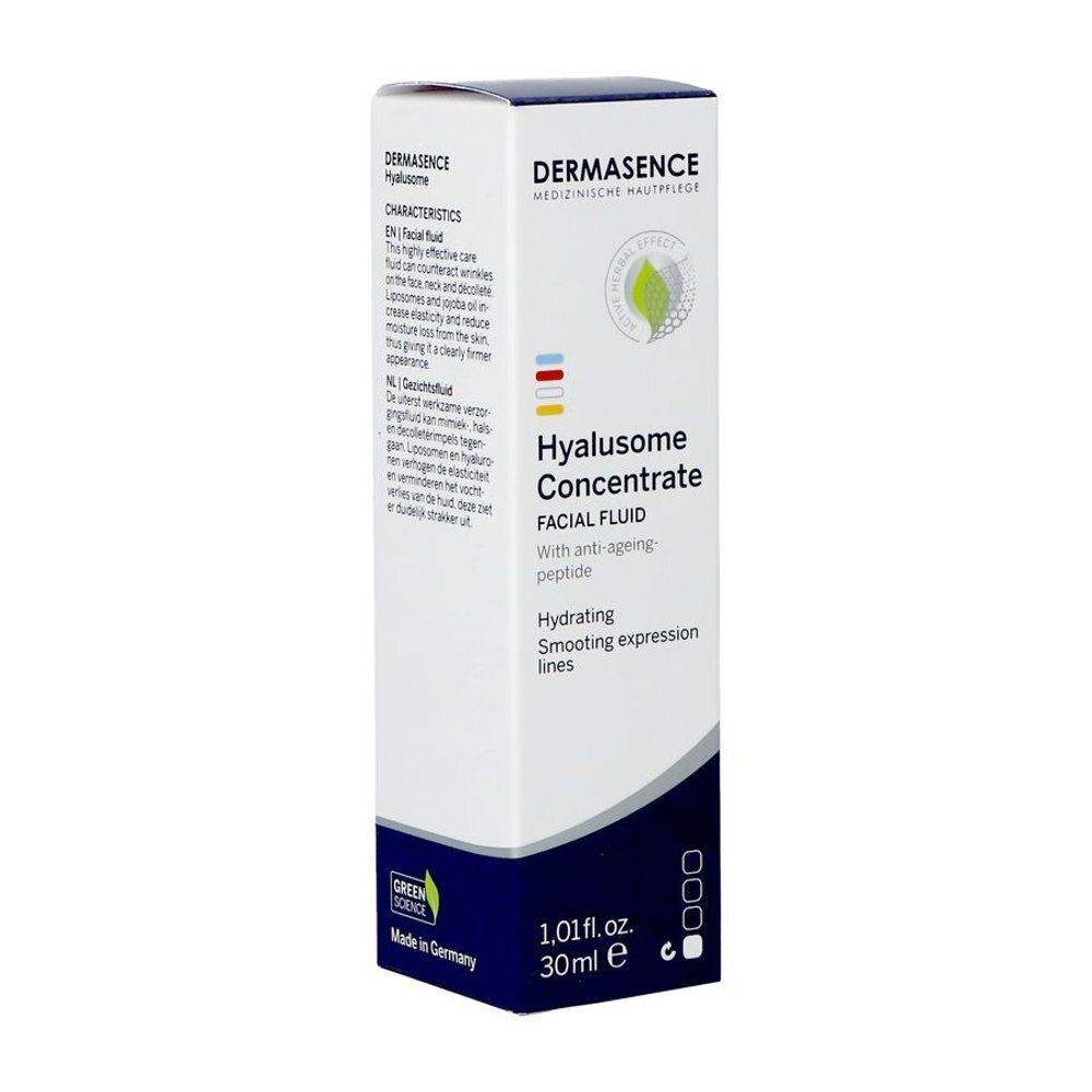 Dermasence Hyalusome Concentré doosje. Opschrift: Hyalusome Concentrat, Facial Fluid, 30 ml. Met Green Science zegel.