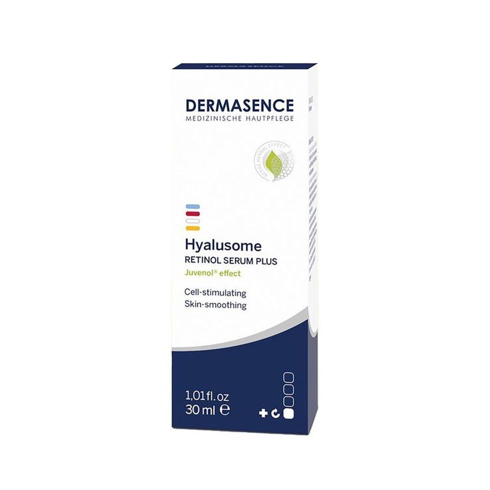 Emballage blanc avec coin bleu. Inscription: Dermasence, Hyalusome Retinol Serum Plus. 30 ml.