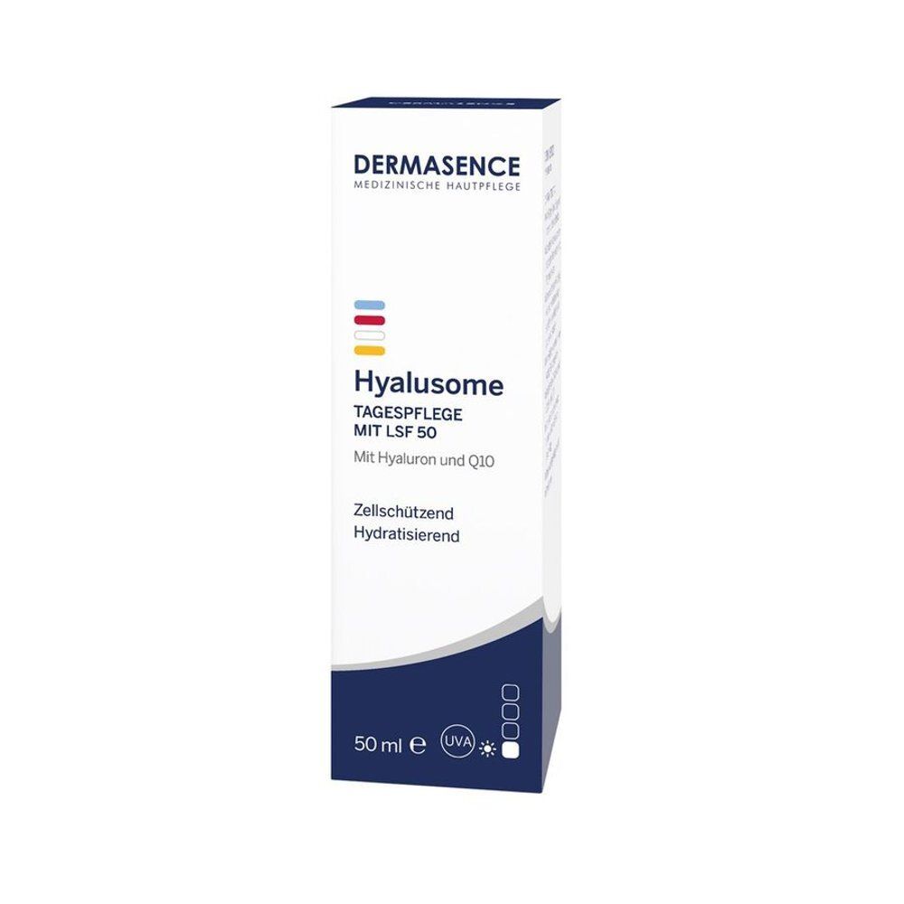 Emballage rectangulaire blanc. Inscription: Dermasence, Hyalusome Crème de Jour SPF50. 50 ml.