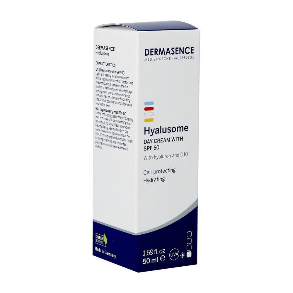 Boîte blanche avec informations produit. Inscription: Dermasence, Hyalusome Day Cream with SPF 50. 50 ml.