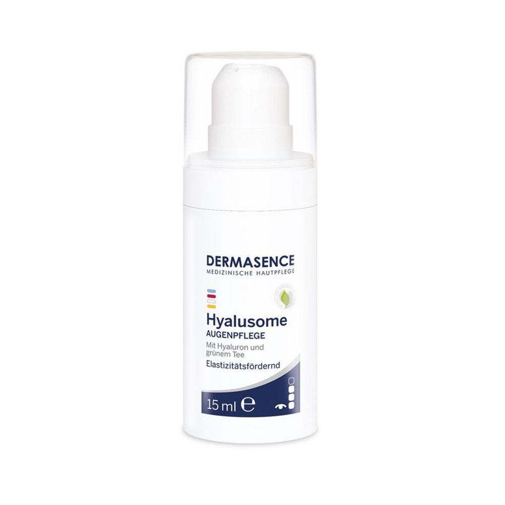 Witte fles met doseerpomp. Opschrift: Dermasence Hyalusome Oogverzorging, 15 ml.