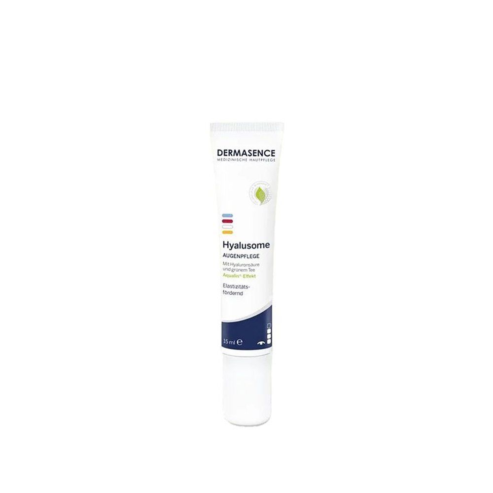 Witte tube met schroefdop. Opschrift: Dermasence Hyalusome Oogverzorging, 15 ml.