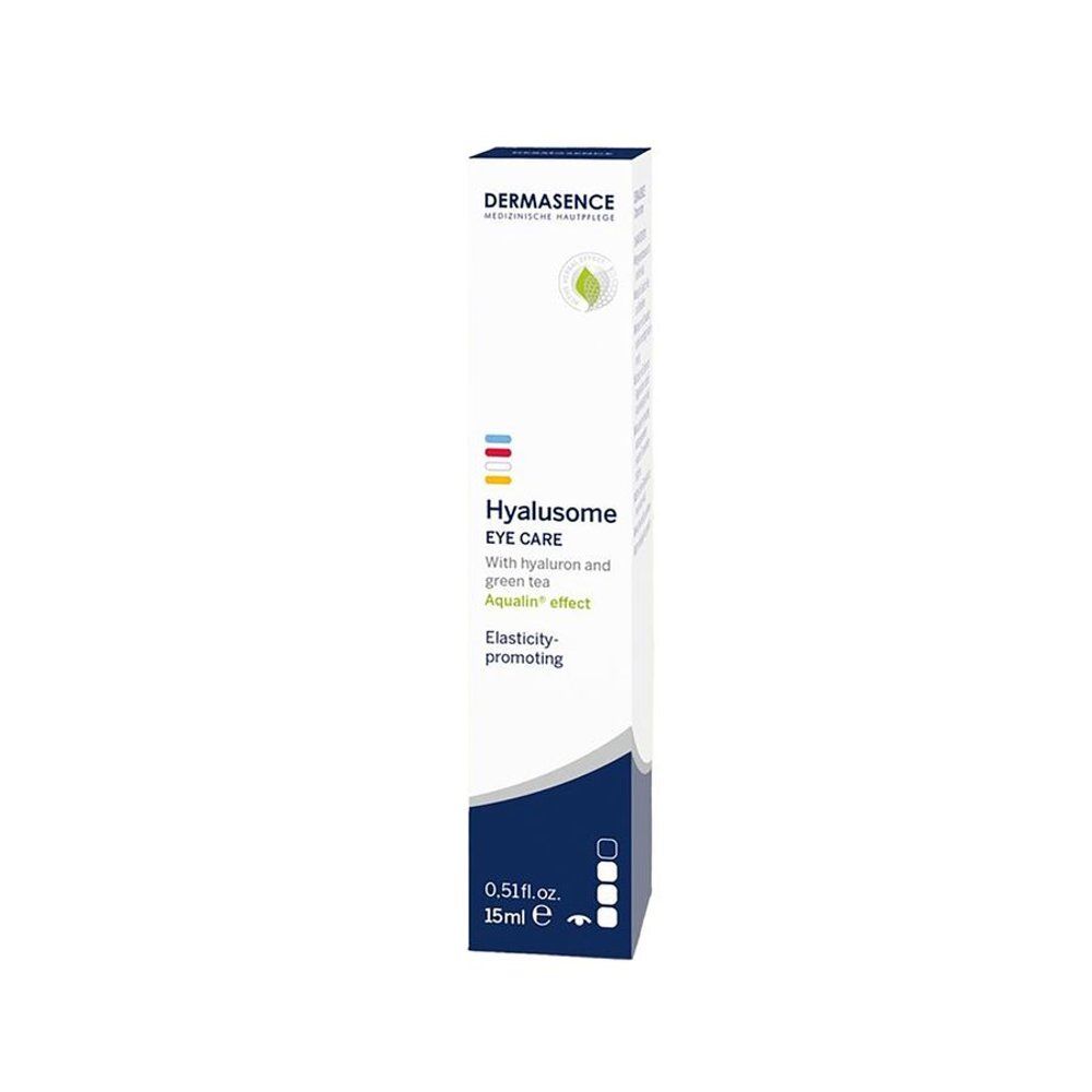 Doos met Dermasence Hyalusome Eye Care. Opschrift: 15 ml, Elasticity-promoting.