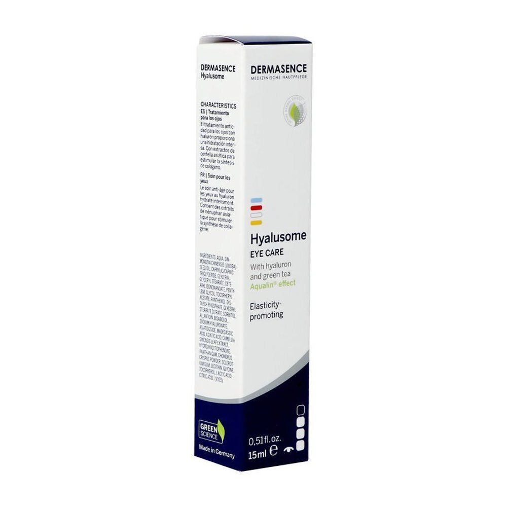 Verpakking met Dermasence Hyalusome Eye Care. Opschrift: 15 ml, Elasticity-promoting.