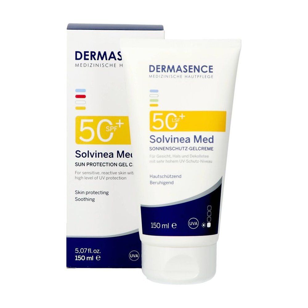 Tube et emballage de crème solaire. Inscription: Dermasence, Solvinea Med, SPF50+. 150 ml. Pour peaux sensibles.