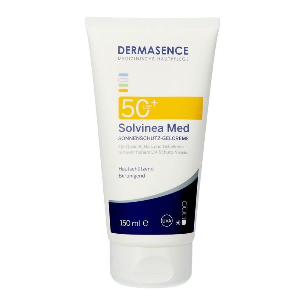 Tube de crème solaire. Inscription: Dermasence, Solvinea Med, SPF50+. 150 ml. Pour peaux sensibles.