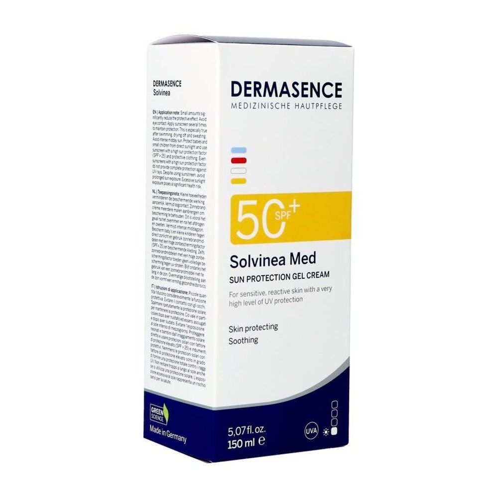 Tube et emballage de crème solaire. Inscription: Dermasence, Solvinea Med, SPF50+. 150 ml. Pour peaux sensibles.