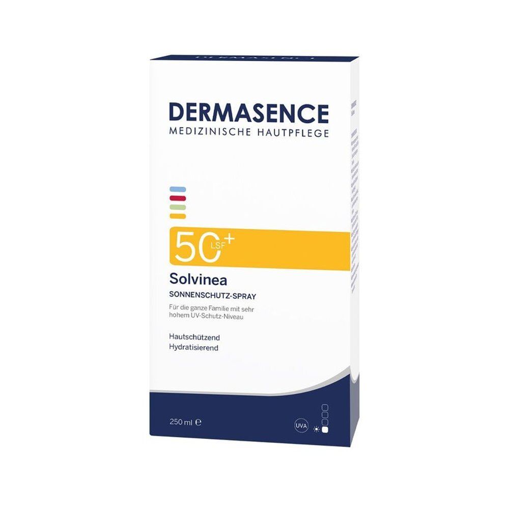 Witte doos met Dermasence. Geel vlak met 50+. Tekst: Solvinea Sonnenschutz-Spray, medische huidverzorging.