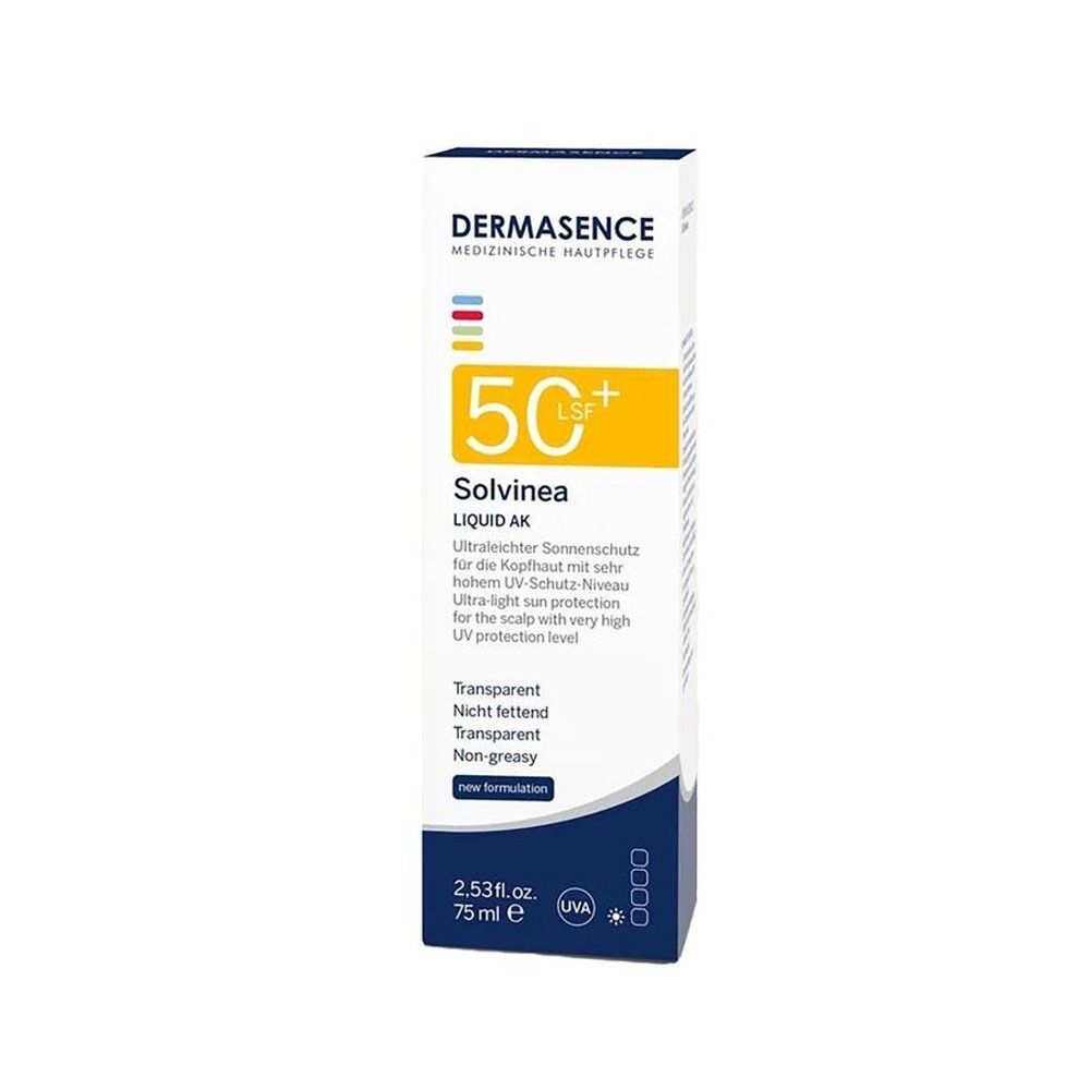 Witte verpakking. Opschrift: Dermasence, Solvinea Liquid AK SPF50+, 75 ml, UVA-keurmerk. Productbeschrijving.