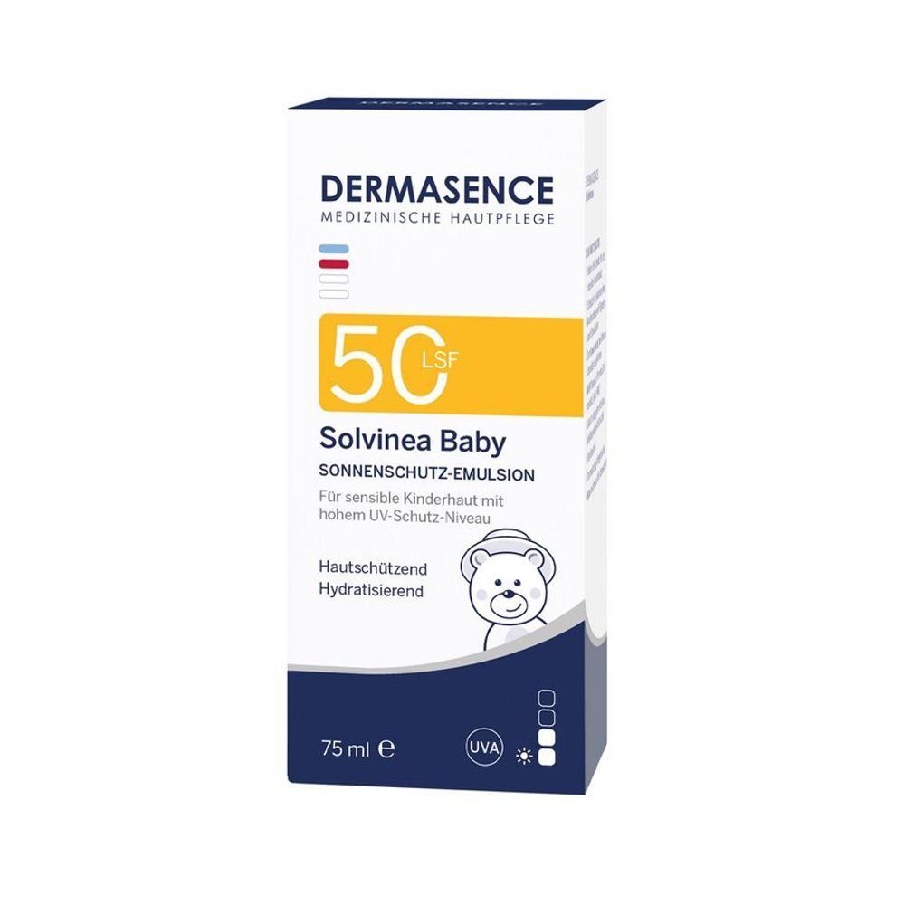 Witte verpakking met gele zone. Opschrift: Dermasence, 50, Solvinea Baby, Sonnenschutz-Emulsion. 75 ml. Baby-illustratie.