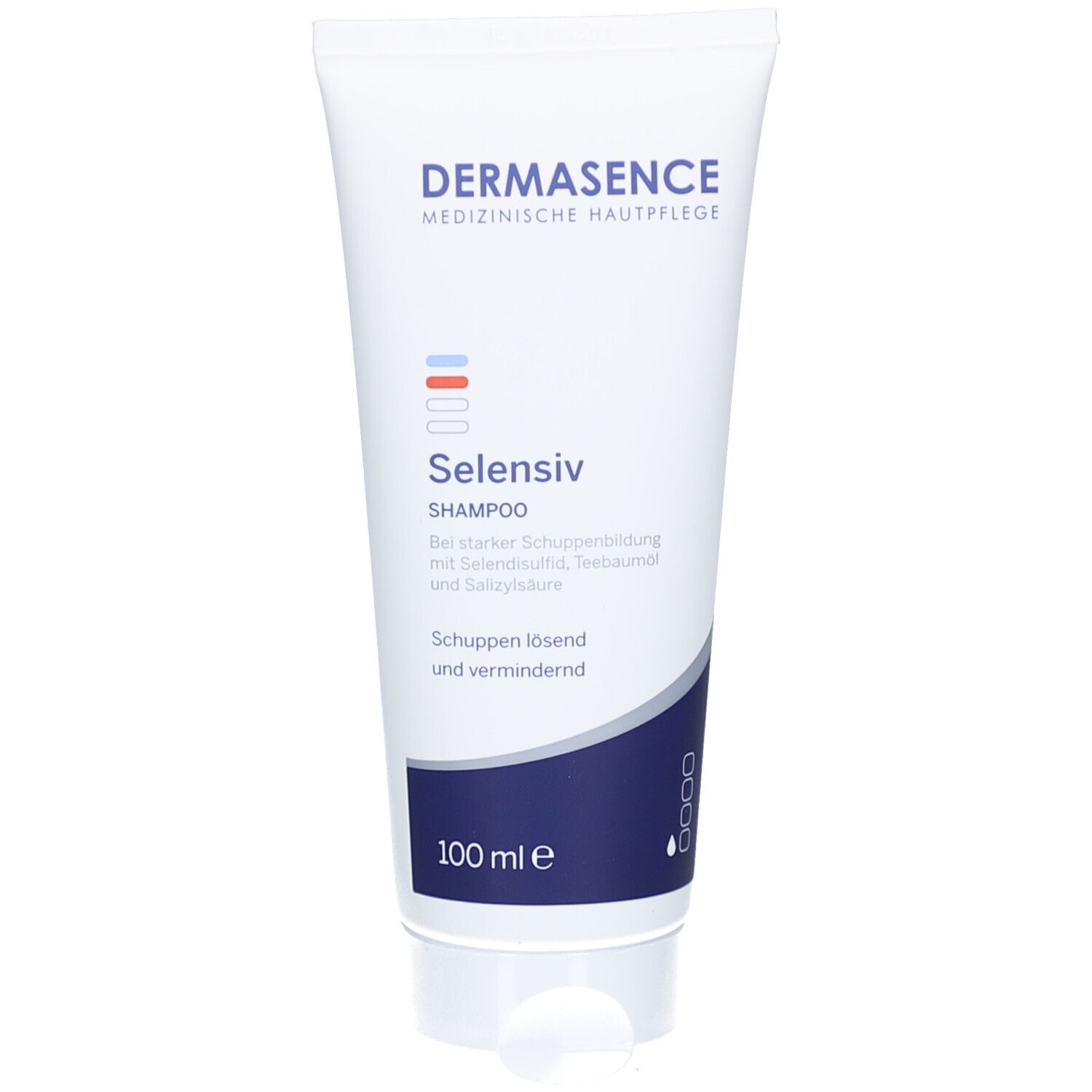 Dos du tube Dermasence Selensiv Shampoo. Texte: Mode d'emploi, avertissement, ingrédients.