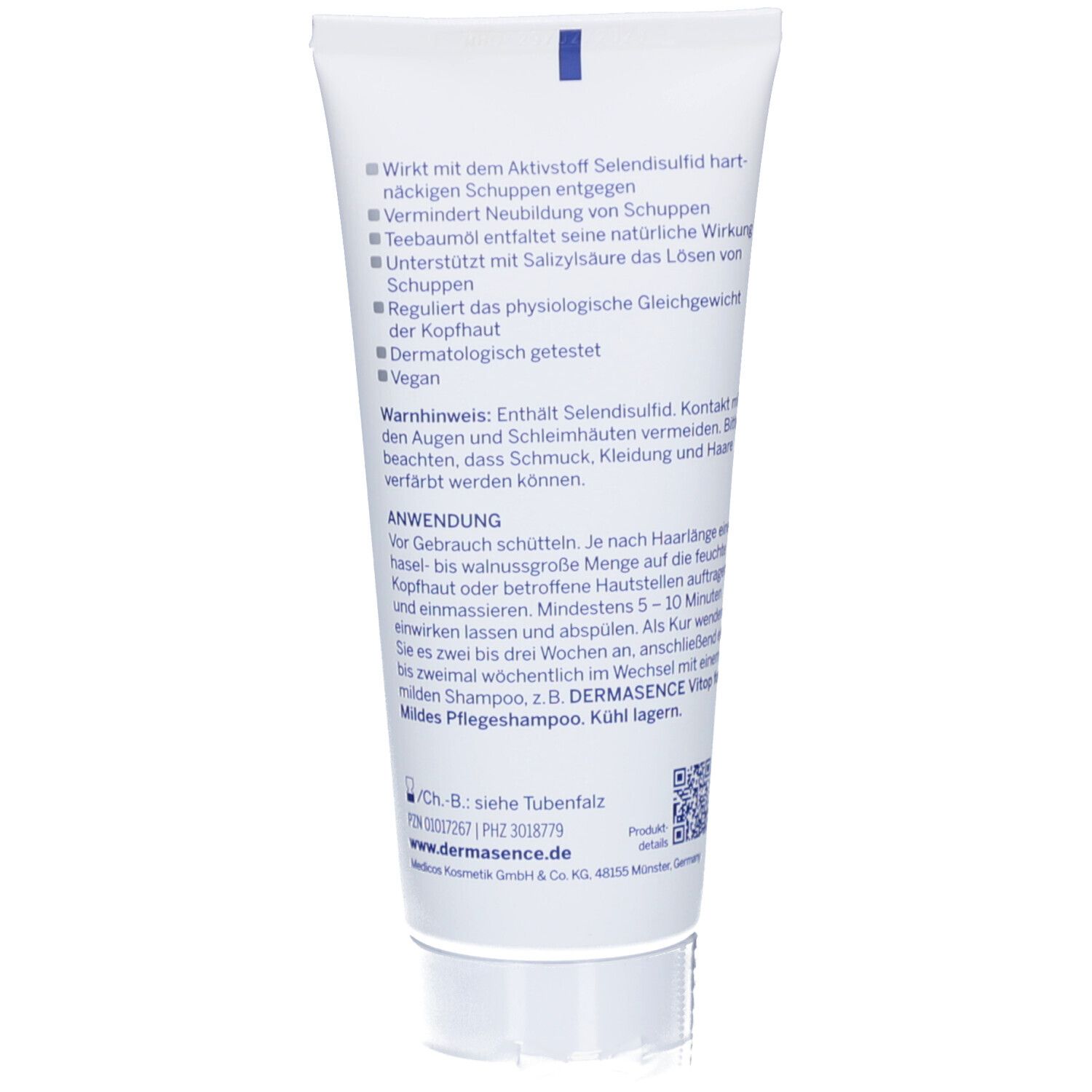 Dermasence Selensiv Shampoo et boîte. Tube et boîte côte à côte.