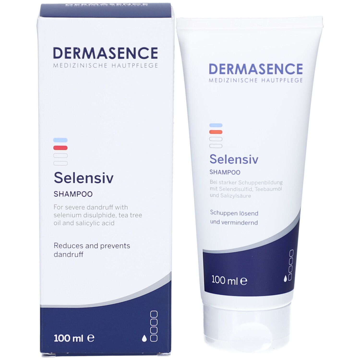 Boîte Dermasence Selensiv Shampoo. Texte: Selensiv Shampoo, réduit les pellicules.