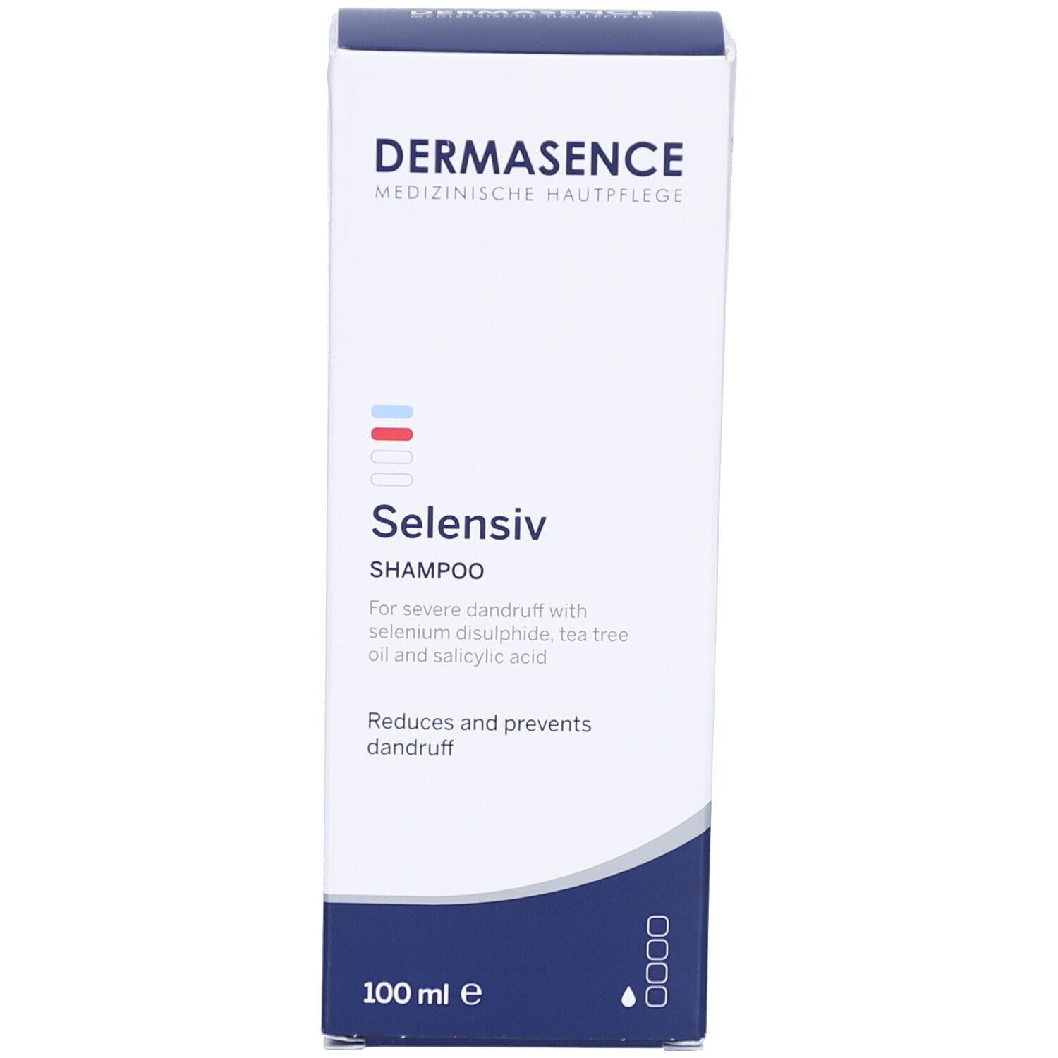 Côté de la boîte Dermasence Selensiv Shampoo. Texte: Caractéristiques, ingrédients.