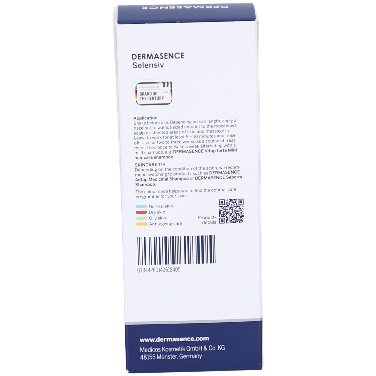 Côté de la boîte Dermasence Selensiv Shampoo. Texte: IT, ES, FR, Pas à vendre en Allemagne.