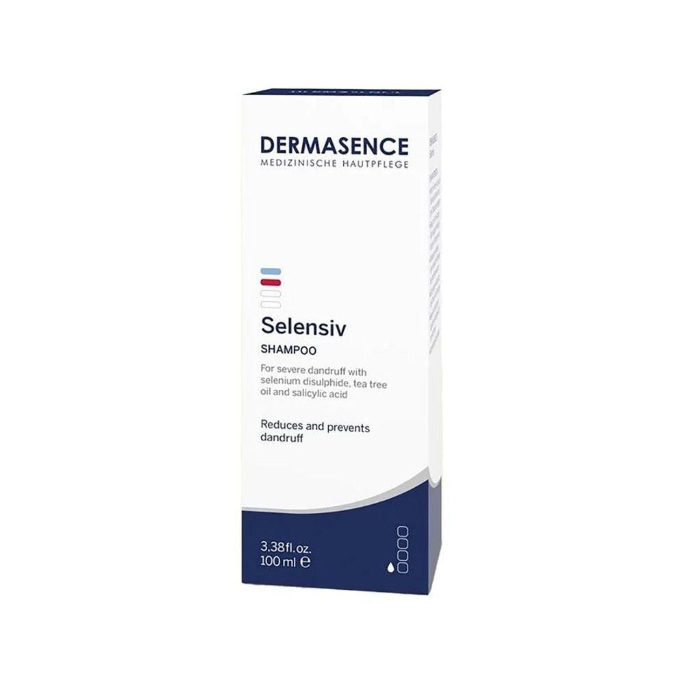 Boîte Dermasence Selensiv Shampoo. Texte: Selensiv Shampoo, réduit les pellicules.