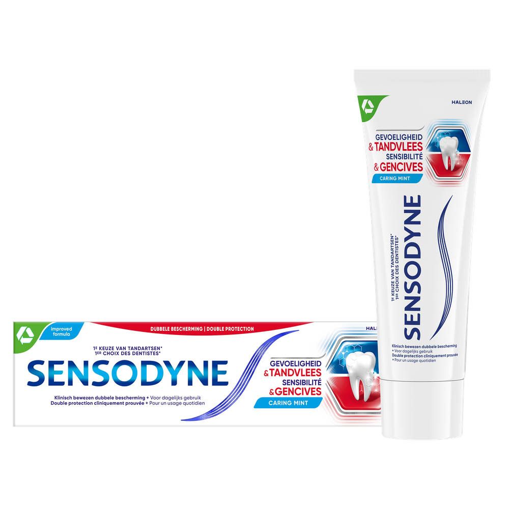 Tandpasta verpakking en tube. Sensodyne Sensibilité & Gencives. Wit, blauw, rood. Tekst: Caring Mint.
